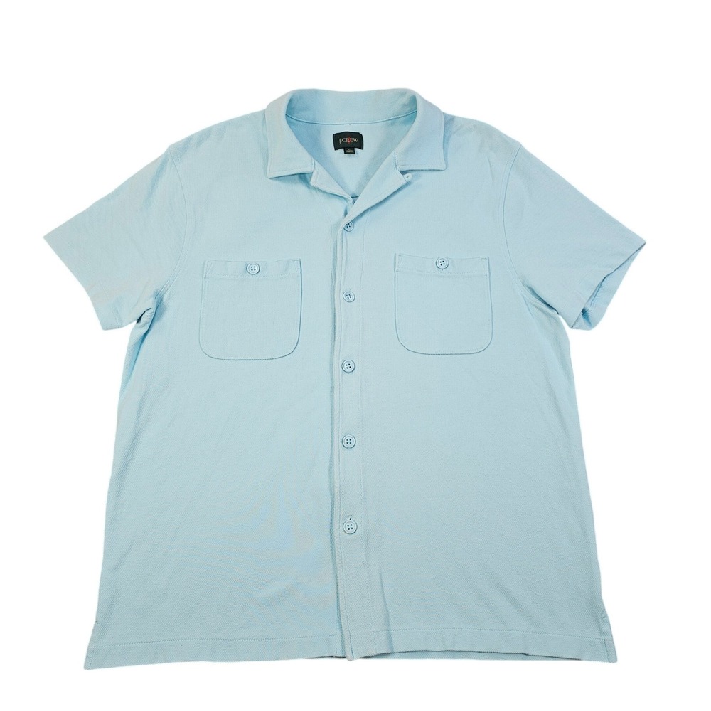J.Crew Mens Large Light Blue Pique Knit Short Sleeve Camp Collar Button Up Shirt